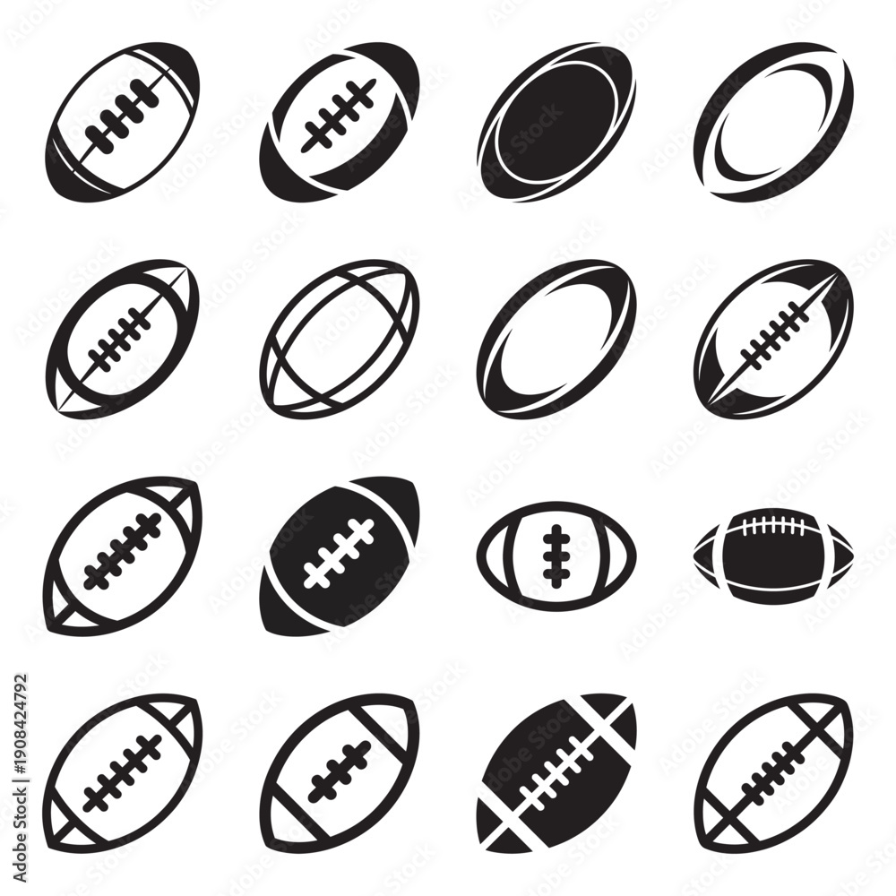 Fototapeta premium A comprehensive collection of black and white american football icons and silhouettes