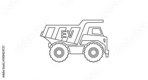 Simple line drawing of an electric dumper truck with EV label.