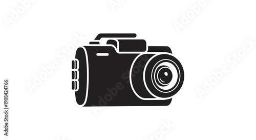 A minimalist black silhouette depicts a compact digital camera showcasing its lens and basic design features high quality