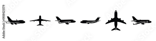Vector set illustration of cargo airplane icons. Simple transport silhouette icon design collection.