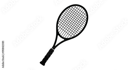 A stark black silhouette of a modern tennis racket against a plain white background showcasing its form silhouette
