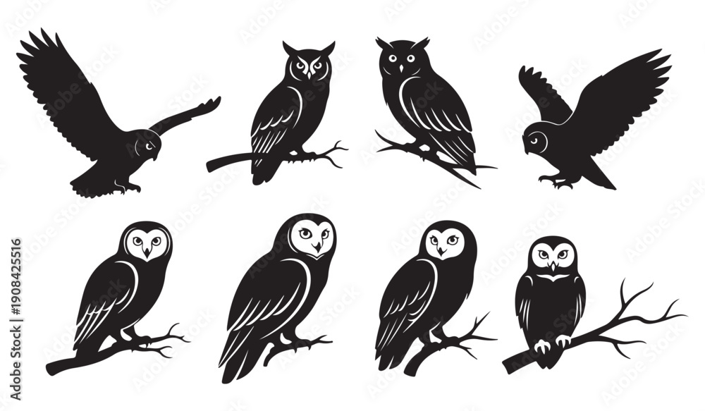 Obraz premium Owl Silhouette Clipart Icon Set