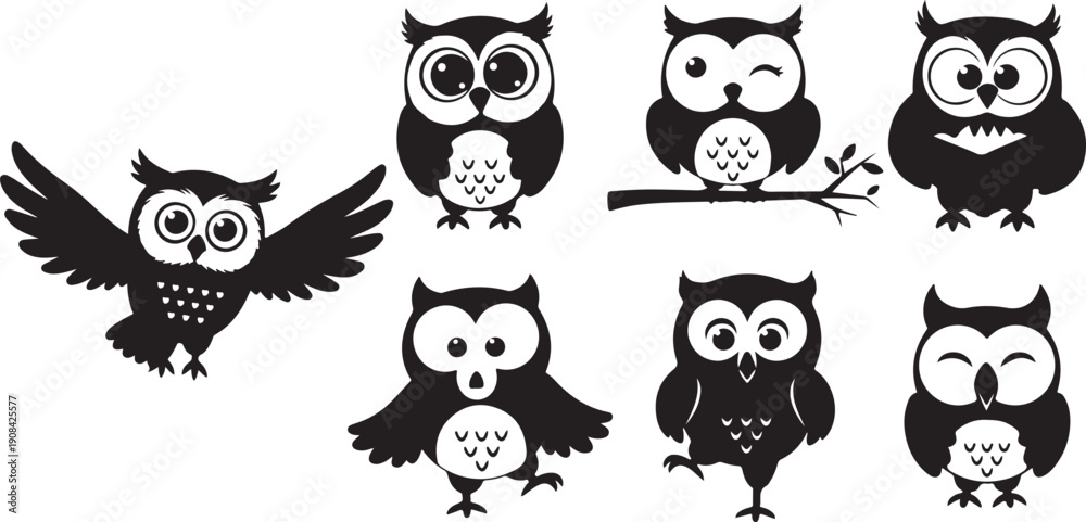 Fototapeta premium Cartoon Owl Silhouette Vector Pack
