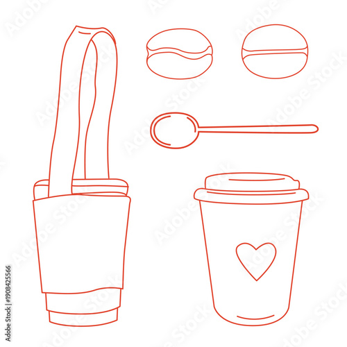 Hand-drawn illustrations of takeaway coffee cups and spoon and roasted coffee beans in modern line art style on white background