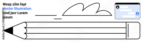 Creativity, design tools, online learning, digital content creation, education, and communication. A pencil, cloud illustration and user interface box. Creativity and design tools concept