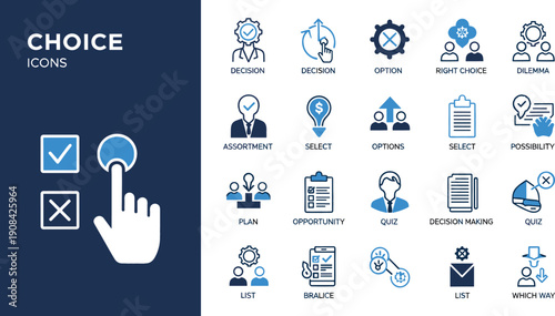 Professional choice and decision-making icon set featuring assortment selections logical options quizzes dilemmas and strategic pathfinding vector elements