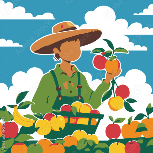 Sticker-style colorful vector illustration of fruit harvesting concept, farmer silhouette picking fruits, flat design, vibrant natural colors, no facial details, no text, adobe stock safe