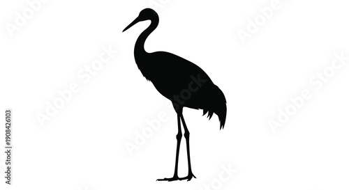 A striking minimalist depiction of a tall wading bird standing gracefully rendered as a dark silhouette high quality