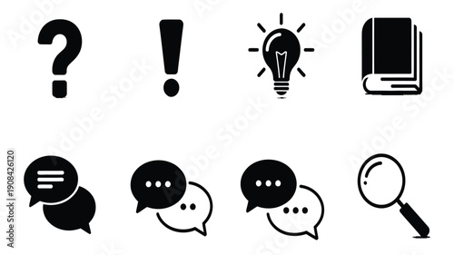 Learning and Thinking icons, vector illustration of question marks, idea bulbs, speech symbols, and research concepts, isolated on white background, suitable for educational apps, websites, presentati