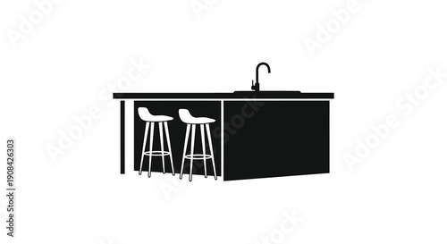 A minimalist black and white illustration depicts an outdoor kitchen with a sink and two bar stools high quality professional