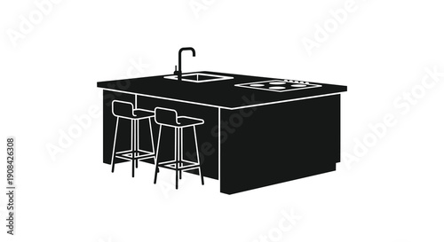 A minimalist black and white illustration depicts a kitchen island with two bar stools showcasing modern design high quality professional