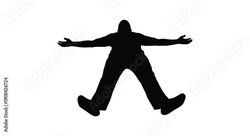 A stark black silhouette of a person with arms outstretched lying on their back against a white background silhouette