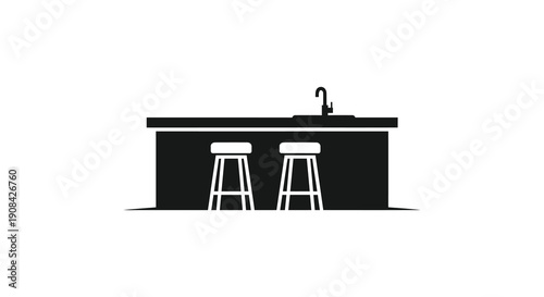A minimalist black and white illustration depicts a bar counter with two stools and a simple faucet