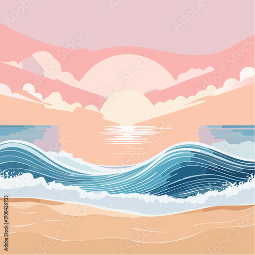 A vibrant vector illustration of a tropical beach featuring a blue sea with rolling waves under a sunny summer sky with clouds and distant mountain hills