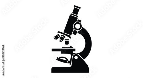 A stark black silhouette of a laboratory microscope stands out against a bright white background silhouette high quality
