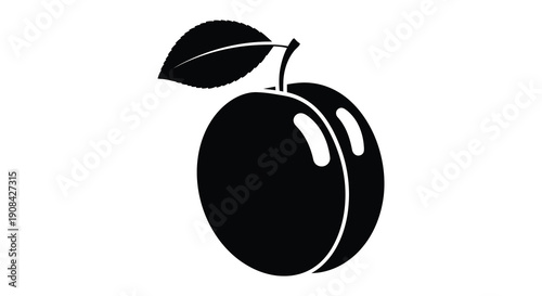 A simple graphic depiction of a plum with a single leaf presented in stark contrast silhouette high quality