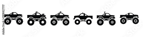 Vector set illustration of monster truck icons. Simple transport silhouette icon design collection.