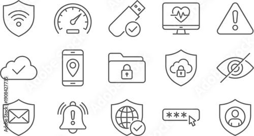 Linear vector icon set for data security and internet privacy featuring wifi shields speedometers flash drives cloud storage passwords and global network protection symbols