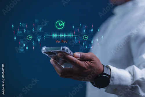 AI voice recognition and speech-to-text technology concept with glowing icons over laptop user interface in futuristic tech 