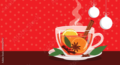 Hot winter tea or mulled wine with orange slices cinnamon sticks star anise and cloves served in a glass cup on a red background.