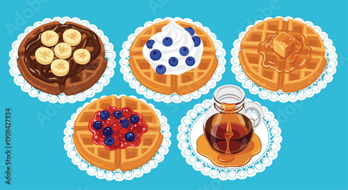 Selection of delicious waffles with different sweet toppings like chocolate banana berries and syrup served on white lace doilies.