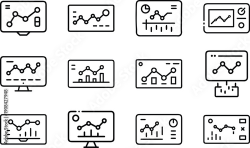 Digital analytics dashboard line art icon with graph and chart vector illustration