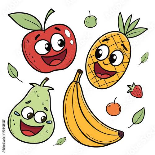 Smiling anthropomorphic fruits floating with leaves