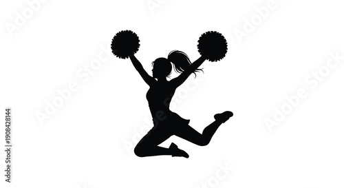 A dynamic black silhouette of a cheerleader in mid jump energetically raising pom poms capturing youthful spirit silhouette high quality
