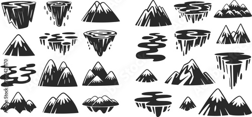 Black and white mountain icons, floating landmass illustrations, minimalistic terrain artwork, fantasy landscape design, bold line graphics, surreal nature concept