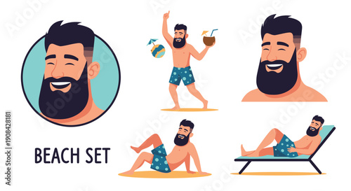 Beach set character design showing a bearded man relaxing having fun and sunbathing on the sand with tropical drinks and sunglasses.