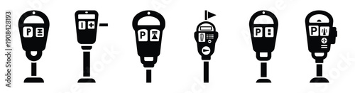 Vector set illustration of parking meter icons. Simple transport silhouette icon design collection.