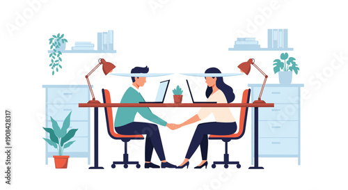 Young man and woman working on laptops at a long office desk while secretly holding hands under the table for a romantic office theme.