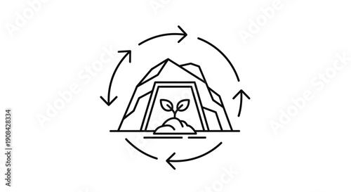 Simple line illustration of a tent in the mountains with circular arrows.