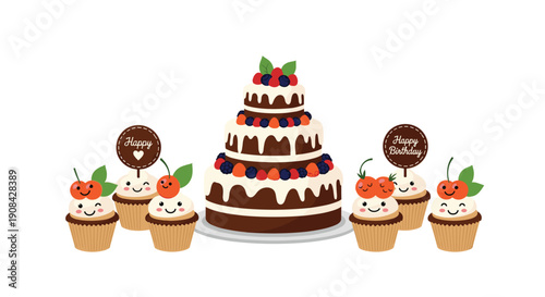 Three tiered chocolate birthday cake with berries and white frosting surrounded by cute smiling cupcakes with cherry toppers and signs.
