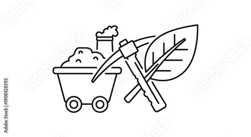 Simple line drawing of a cart with compost and a shovel and leaf.