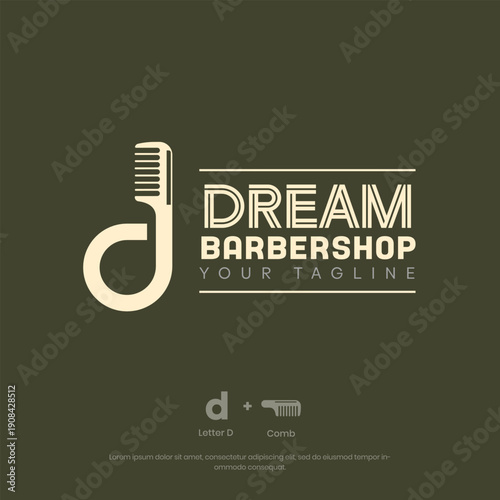 Dream Barbershop logo template with a comb icon forming a letter D in clean modern flat style, perfect for grooming branding, salon identity, haircut services, and classic barbershop logos.