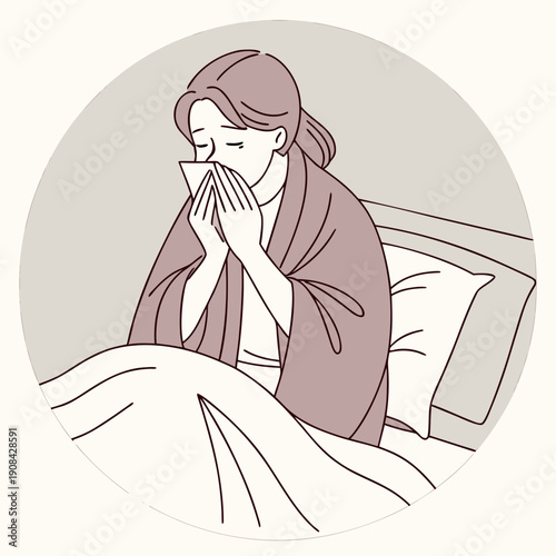 Woman sitting in bed blowing nose into tissue wrapped in blanket