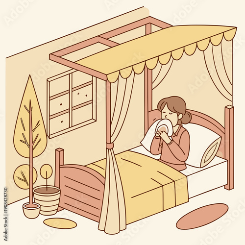 Woman sitting on bed covering mouth with tissue canopy