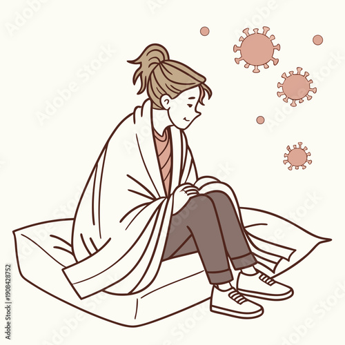 Woman sitting on bed with blanket wrapped around her and viruses floating nearby