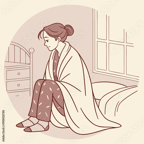 Woman sitting on bed wrapped in blanket wearing pajamas