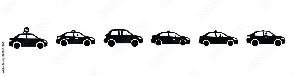 Obraz premium Vector set illustration of ride sharing car icons. Simple transport silhouette icon design collection.