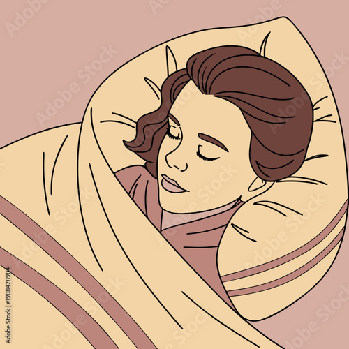 Woman sleeping on pillow with brown hair under warm beige blanket
