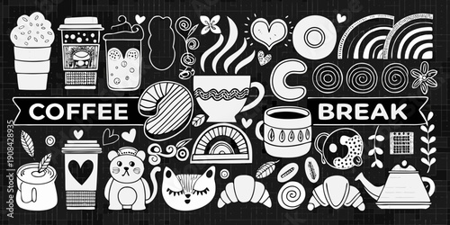 Charming hand drawn illustration of coffee pastries and cute whimsical elements