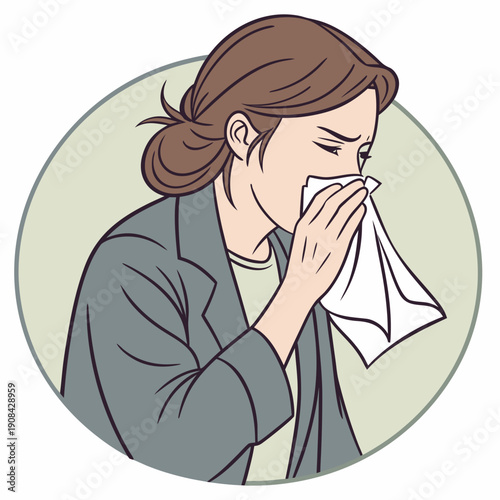 Woman sneezing into tissue gray jacket brown hair sneeze