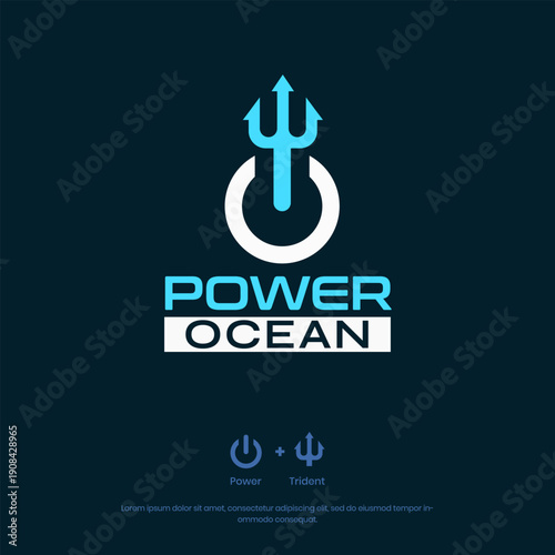 Power Ocean logo template featuring a trident combined with a power symbol in bold modern flat style, ideal for marine branding, ocean sports identity, water technology, and nautical business logos.