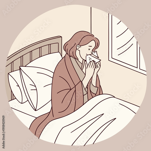 Woman sneezing softly while seated in bed with tissue
