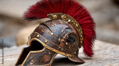 Historic Roman helmet with red plume displayed in a natural setting with blurred background