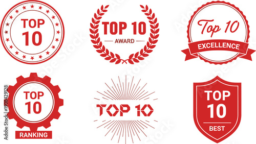 Top 10 award badge collection, excellence ranking labels, red vintage stamps, best quality seals, achievement icons vector illustration
