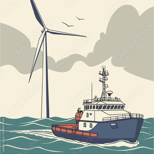 Offshore wind farm maintenance vessel approaching wind turbine 1