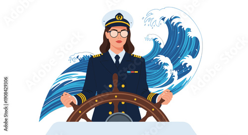 Professional female captain wearing a uniform and glasses steering a ship wheel with large ocean waves behind her.